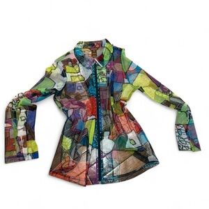 Vintage Y2K multicolor abstract sheer mesh zip up top med